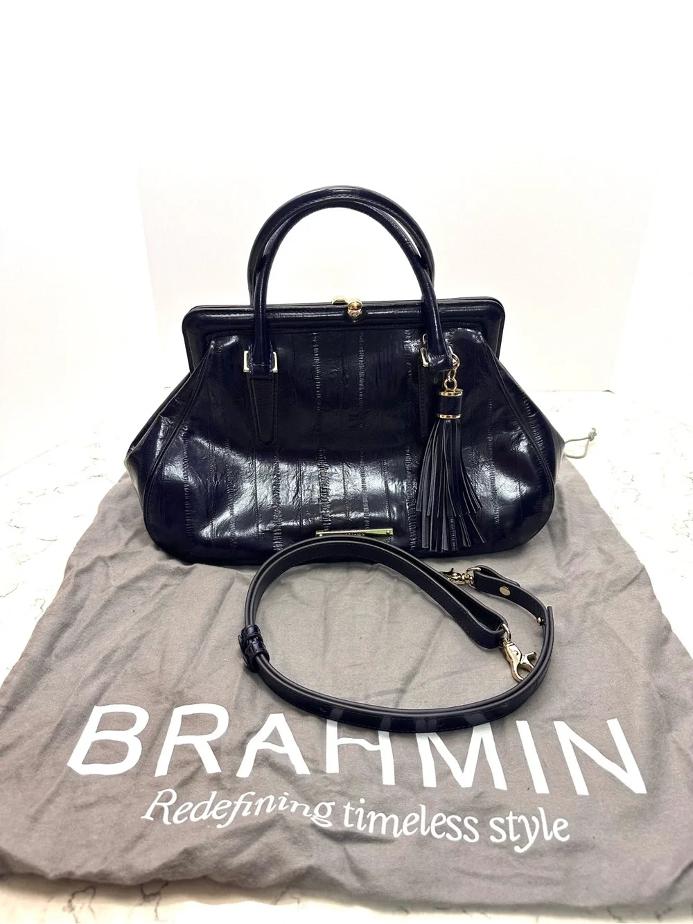 Brahmin Layla Dark Blue Structured Bag Embossed Eel Print Leather Magnetic Close